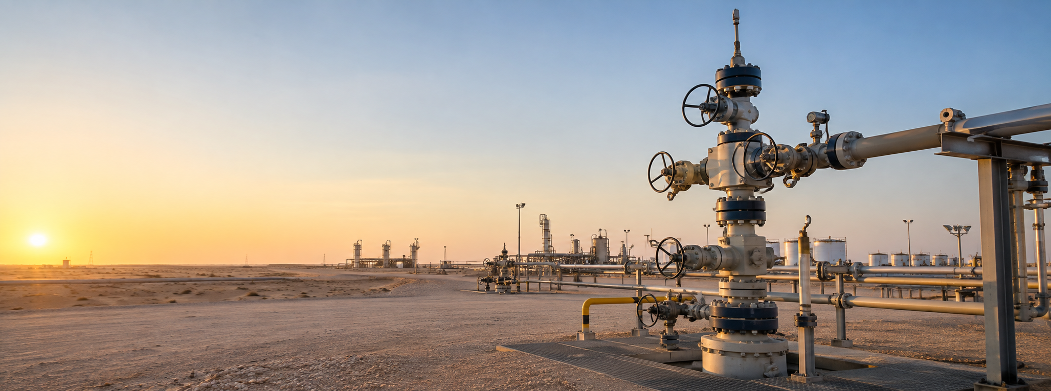 Modern oilfield well pad operations in southern Iraq